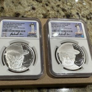 Pair Gold & Silver Pawn Shop The Original Old Man 1 Oz. 999 Silver NGC Medallion